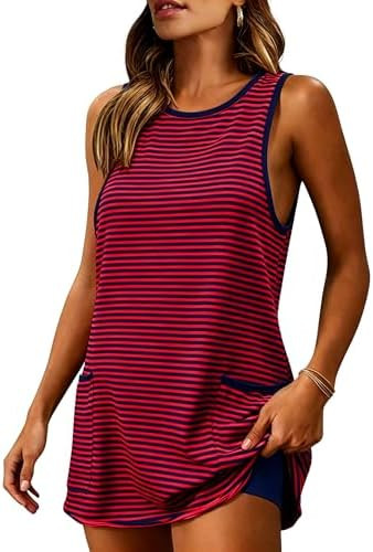 Athlisan Women's Summer Athletic Mini Dress Striped Sleeveless Crewneck Tennis Dress Built-in Sho... | Amazon (US)