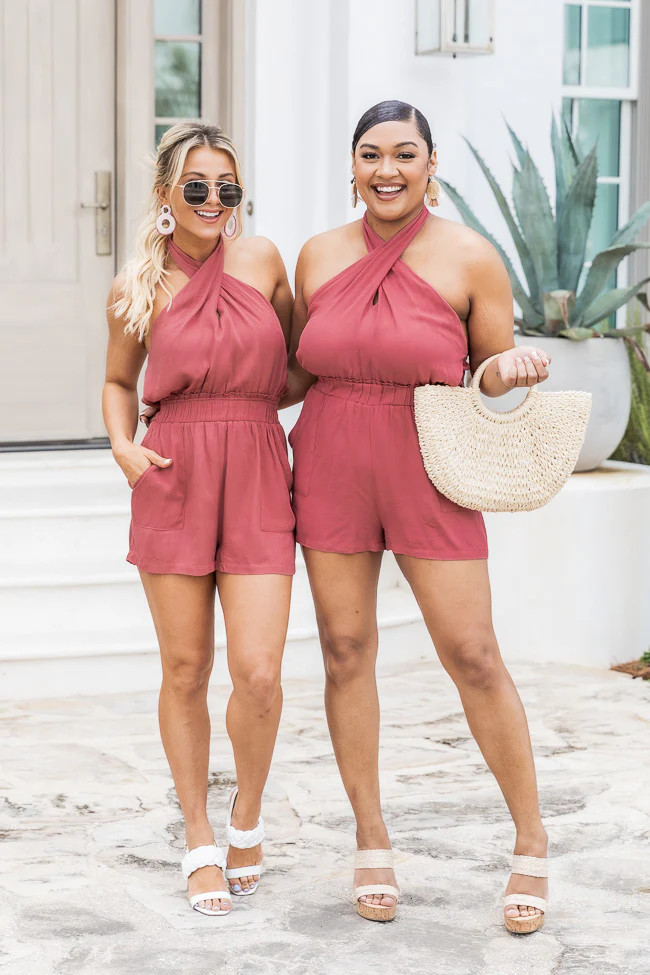 Simple Reality Rose Halter Neck Romper | Pink Lily