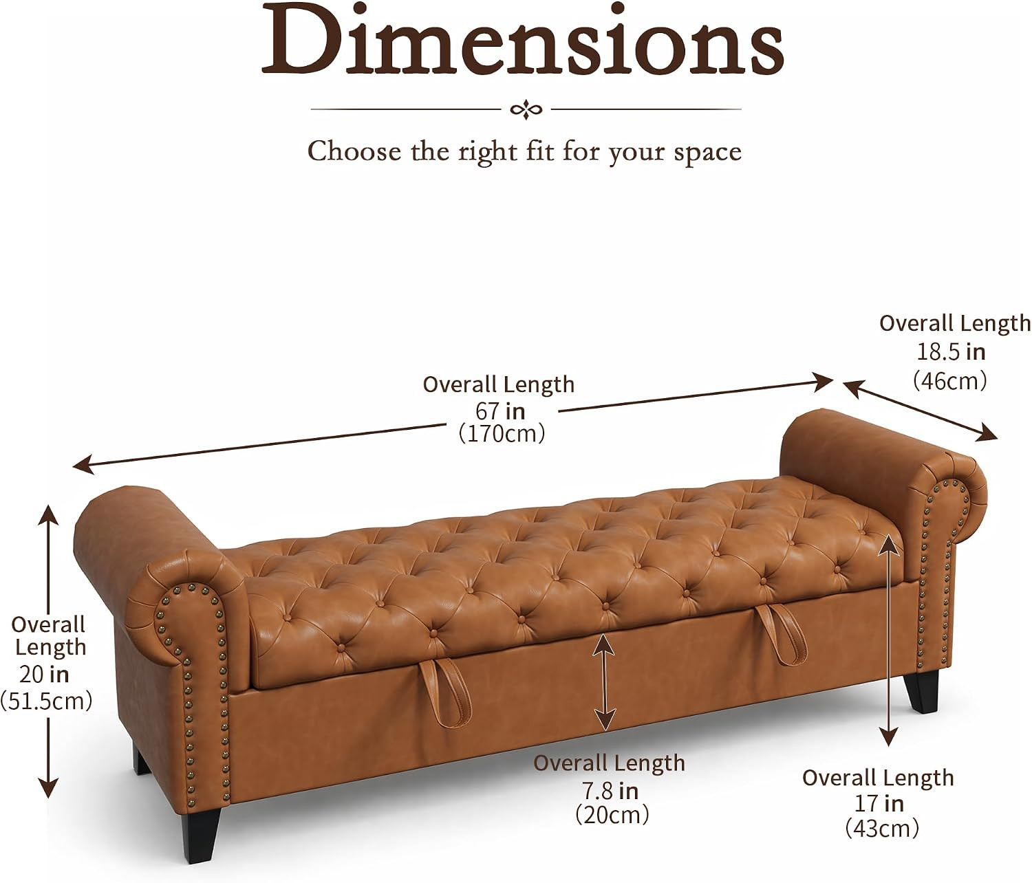 67 Inch Faux Leather Storage Bench with Rolled Arms, Chesterfield Tufted Ottoman Bench with Nailhead Trim, Upholstered End of Bed Bench for Bedroom, Entryway and Living Room, Cognac Brown | Amazon (US)