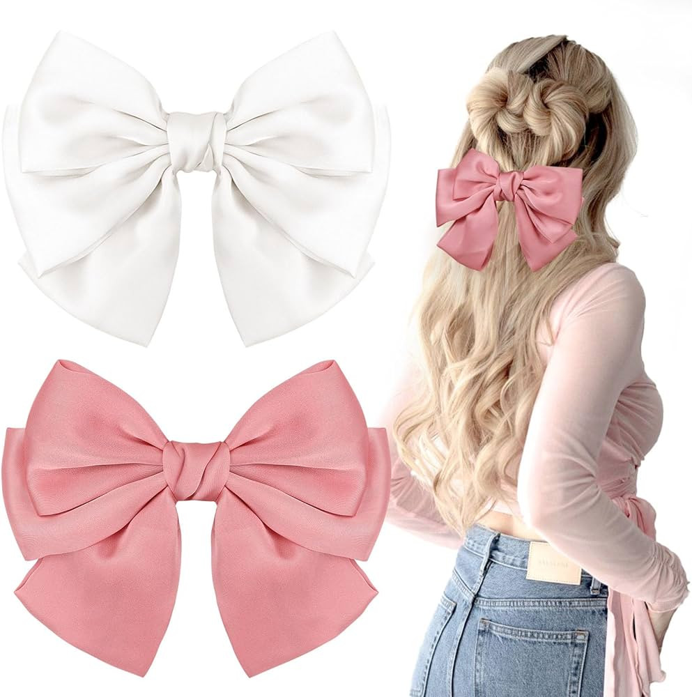 2PCS Big Satin Layered Hair Bows for Women Girls 7 Inch White Pink Barrette Hair Clip Large Silk ... | Amazon (US)