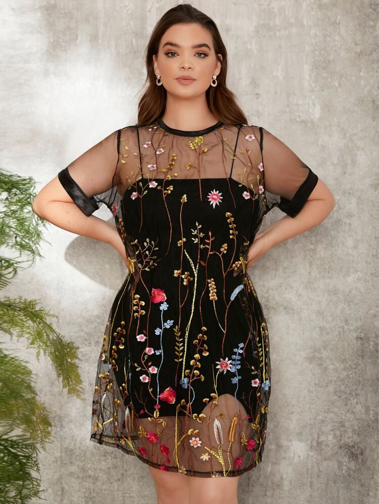 SHEIN Plus Floral Embroidery Mesh Dress Without Camisole | SHEIN