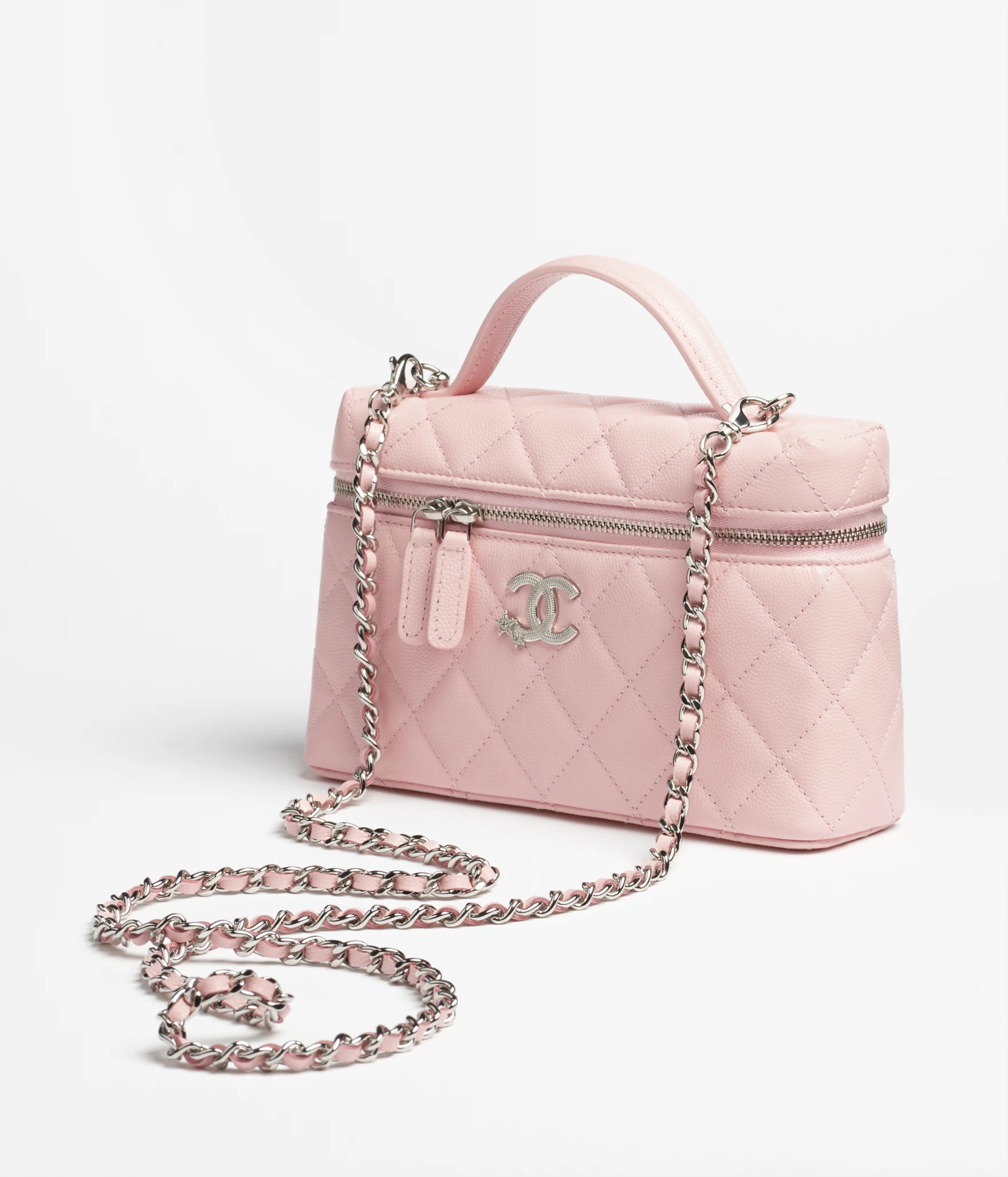 Vanity with chain - Shiny grained calfskin, strass & silver-tone metal, light pink — Fashion | ... | Chanel, Inc. (US)
