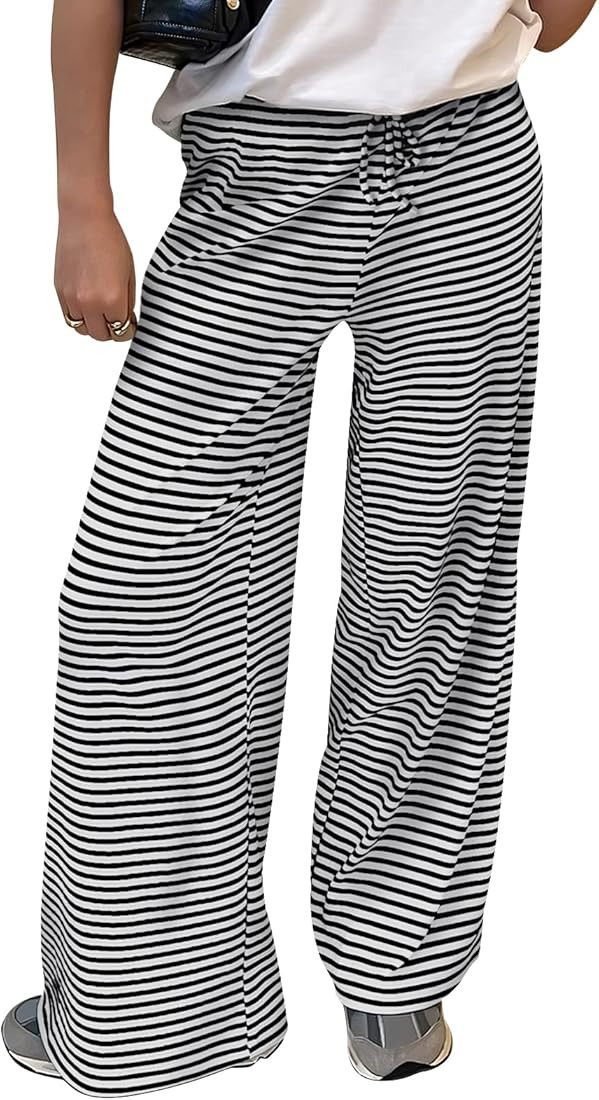 Trendy Queen Womens Striped Ribbed Wide Leg Pants Casual Drawstring Elastic Waist Baggy Sweatpant... | Amazon (US)