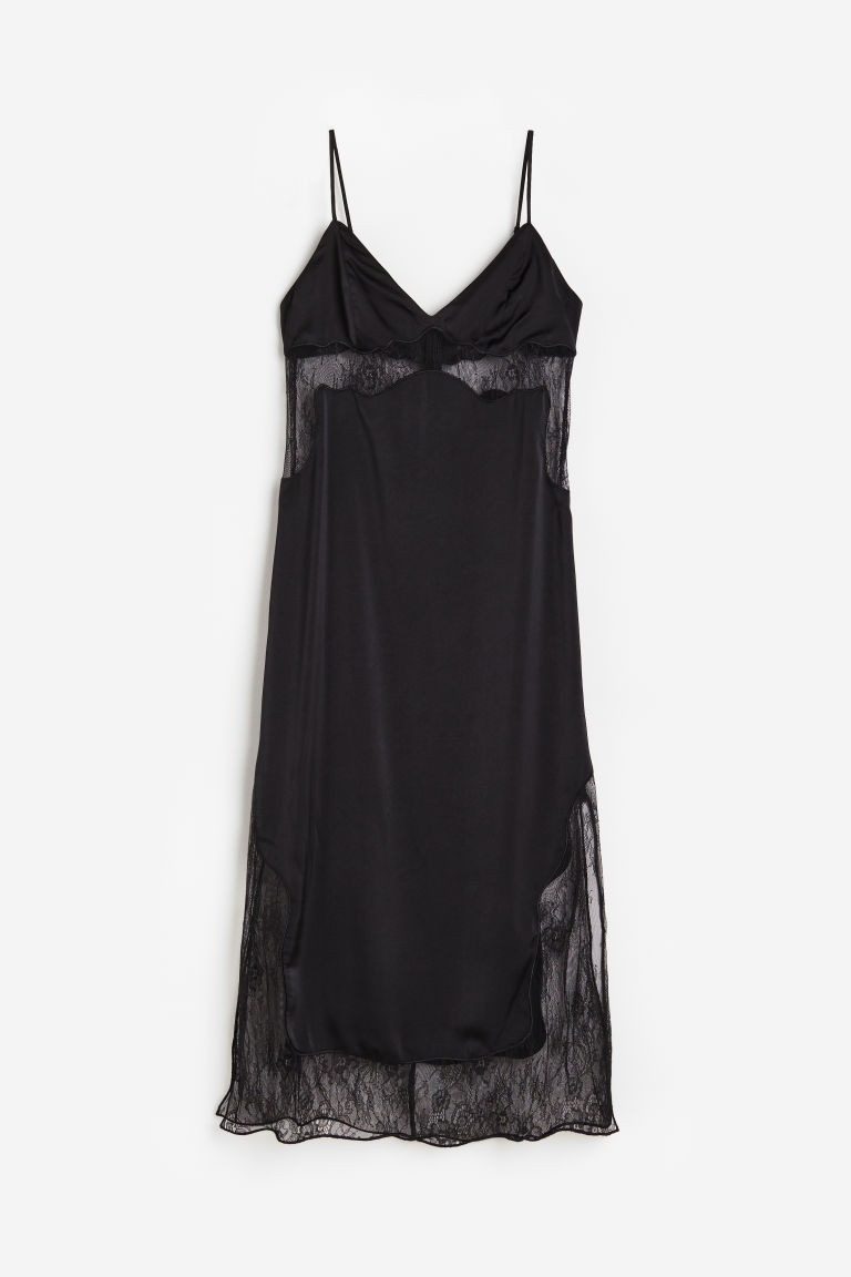 H & M - Lace-detail Satin Slip Dress - Black | H&M (US + CA)