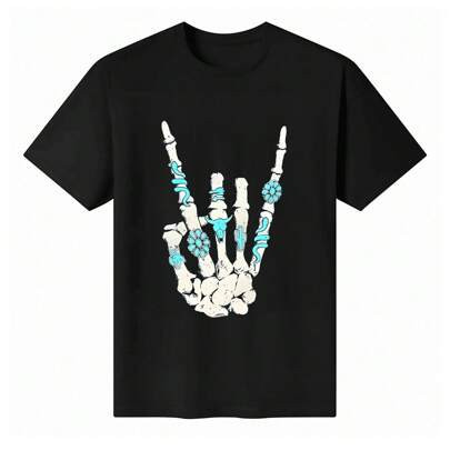 100% Cotton Funny Round Neck Unisex "Rock - N - Roll Skeleton Hand" Graphic T - Shirt | SHEIN
