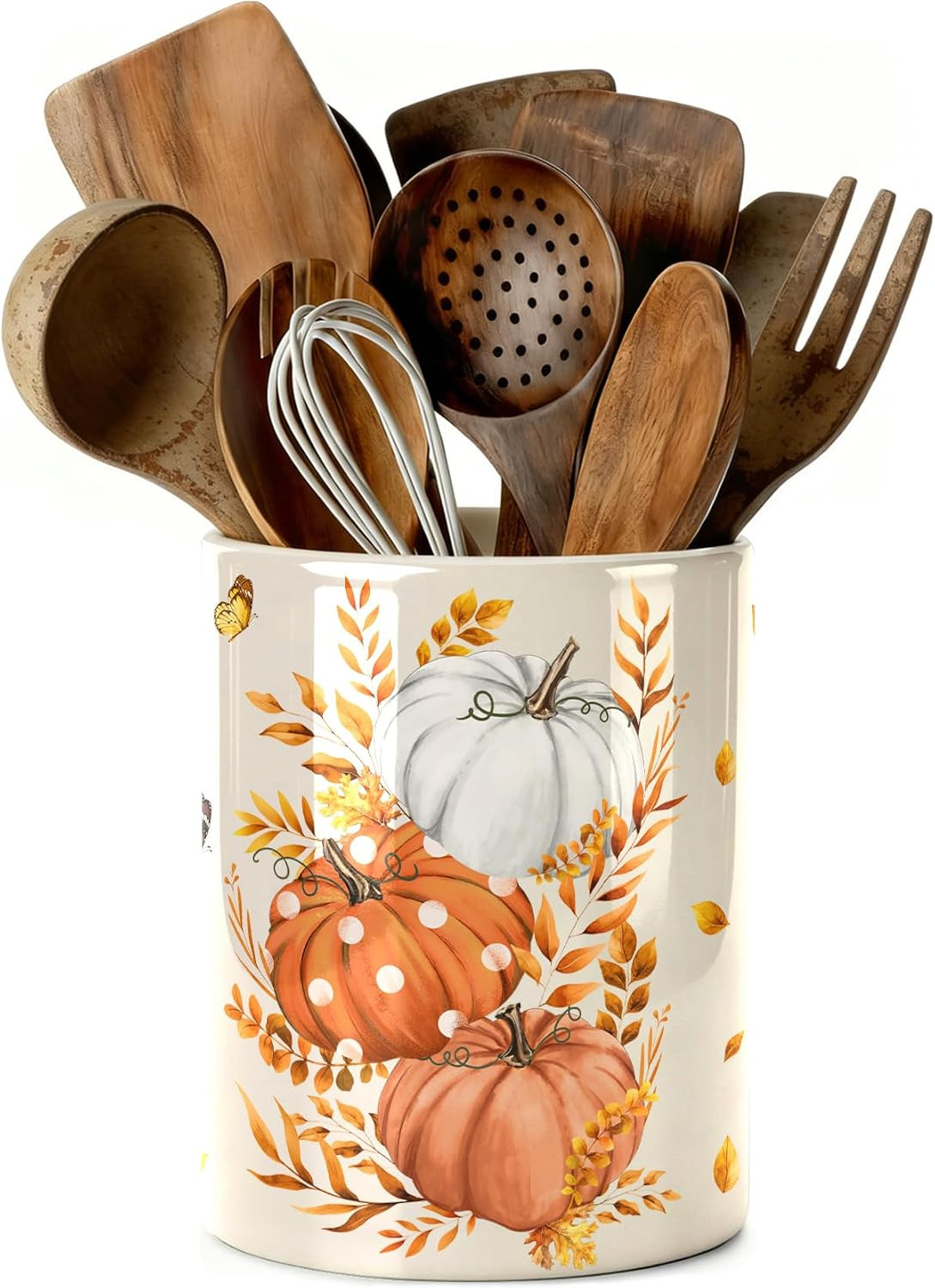 Fall Pumpkin Utensil Holder, Orange Autumn Decor Large Ceramic Utensil Holder For Kitchen Organizer, Farm 6.3'' Cooking Utensil Crocks Rustic Decor Utensil Storage Cup for Countertop | Amazon (US)