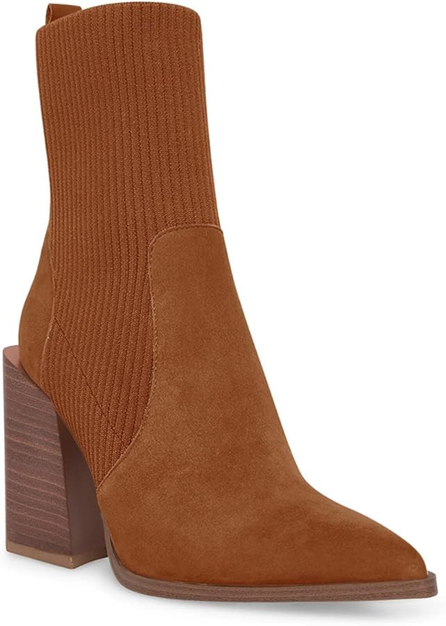 Womens Chunky Stacked Heel Ankle Boots Pointed Toe Booties Slip On Ribbed Knit Sock Boot | Amazon (US)