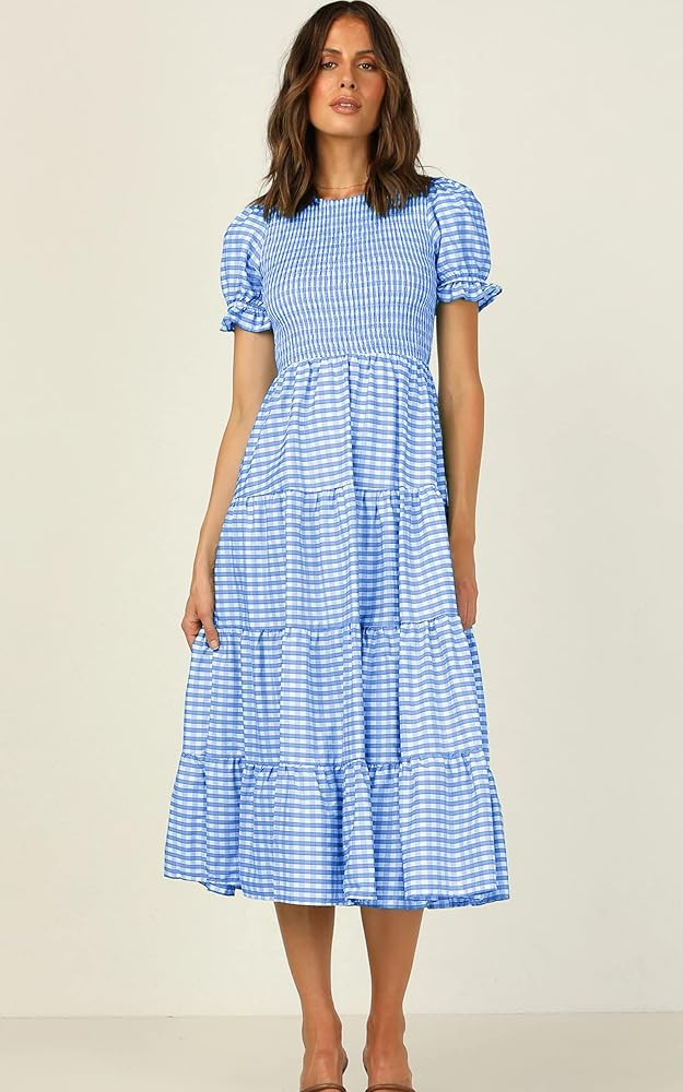 CCTOO Women's Dresses Casual Plaid Round Neck Short Puff Sleeve Ruffled Flowy Pleated Boho Midi Ging | Amazon (US)