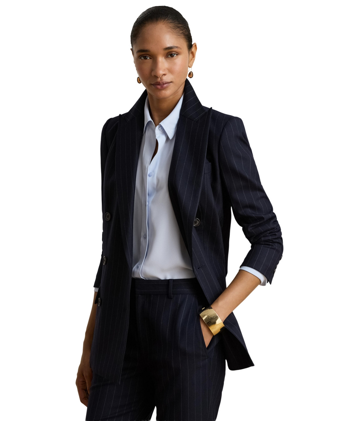 Lauren Ralph Lauren Women's Pinstripe Double-Breasted Twill Blazer - Navy/Cream | Macy's