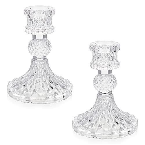 OwnMy Set of 2 Clear Glass Taper Candle Holders Decorative Glass Candlestick Holders, Modern Crystal Glass Taper Candle Stands Taper Candlestick Holders for Dining Table Centerpieces Wedding Church | Amazon (US)