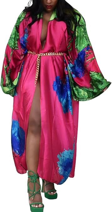 Famnbro Women's Floral Print Satin Robe Kimono Cardigan Open Front Long Cover Ups Outerwear One S... | Amazon (US)
