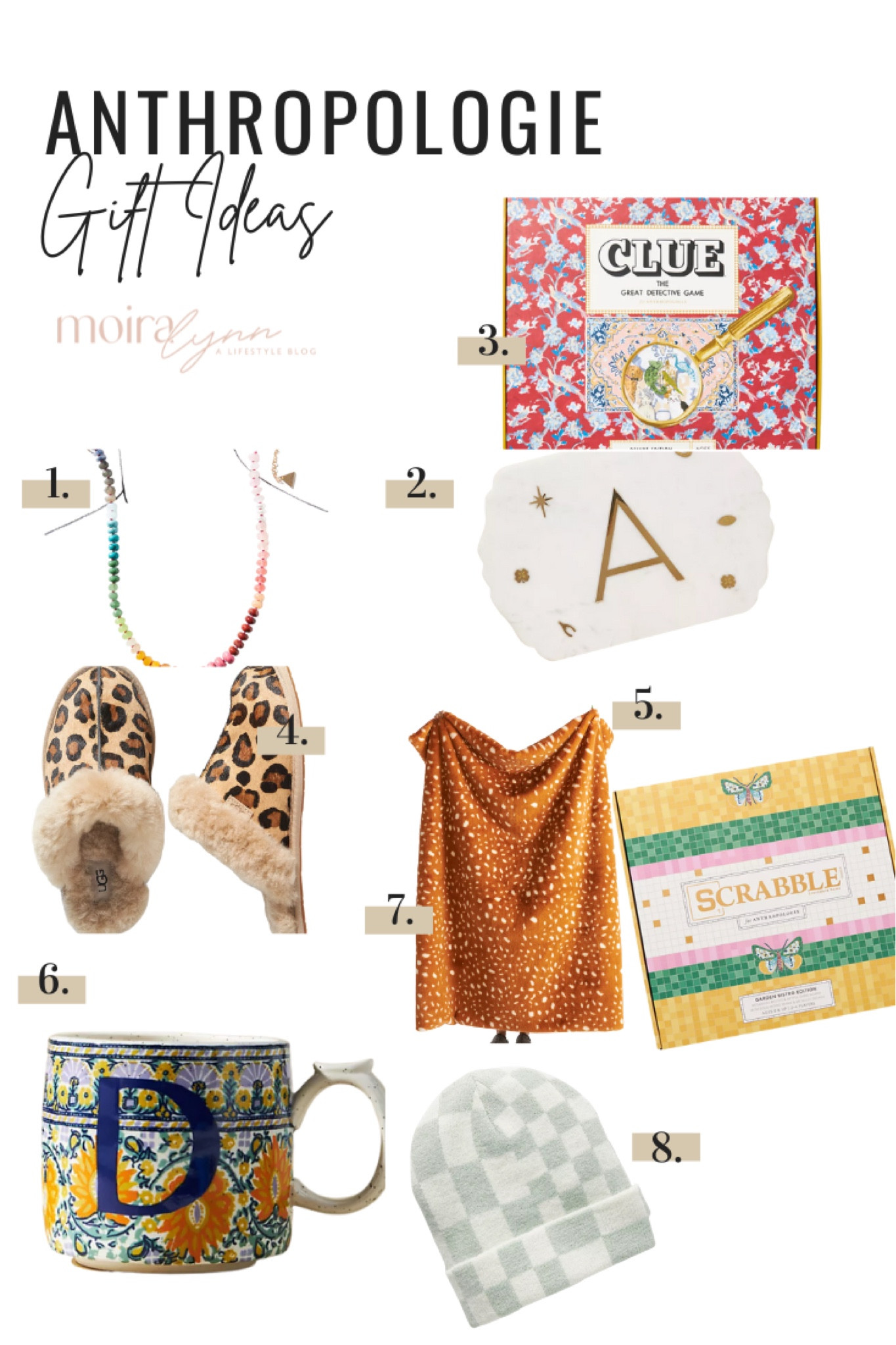 Anthropologie gift ideas, clue, scrabble, rainbow necklace, throw blanket, marble tray, leopard slippers, mug, beanie, checkered, initial 

#LTKHoliday #LTKstyletip #LTKSeasonal