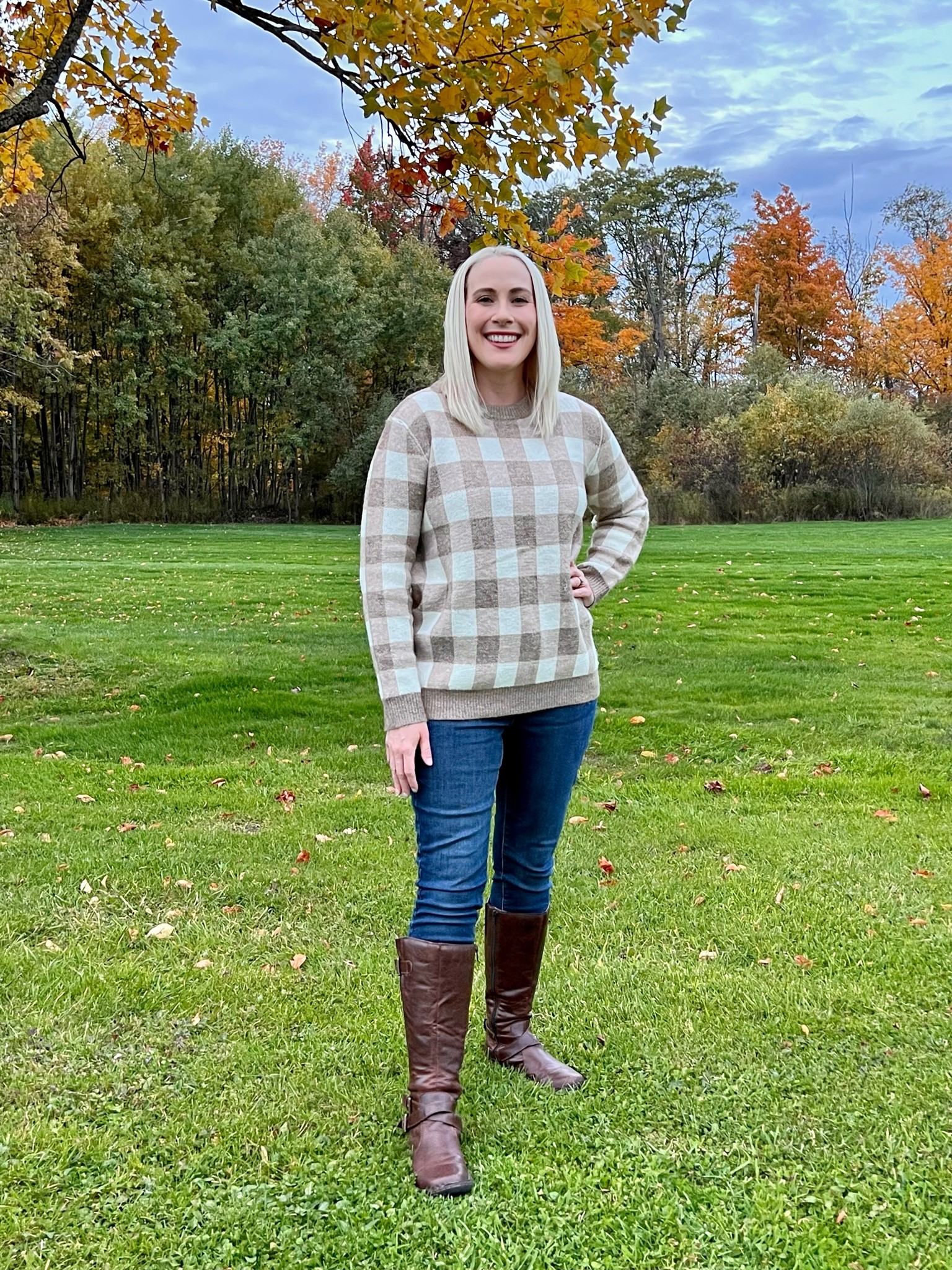 Womens grey Buffalo plaid sweater, womens riding boots, womens Fall outfit

#LTKunder100 #LTKSeasonal #LTKstyletip