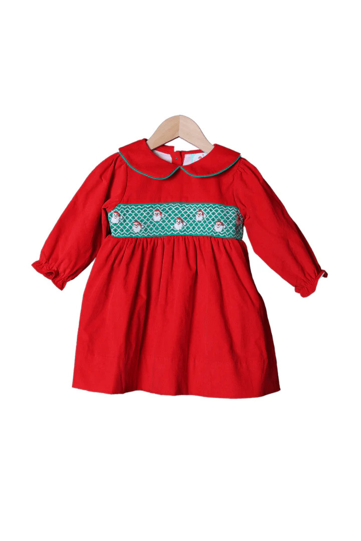 Smocked Geometric Santa Red/Green Corduroy Dress | The Smocked Flamingo