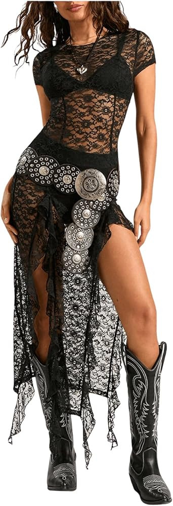 GORGLITTER Women's Sheer Lace Maxi Dress Y2K Goth Festival Outfit Concert Birthday Cocktail Going... | Amazon (US)