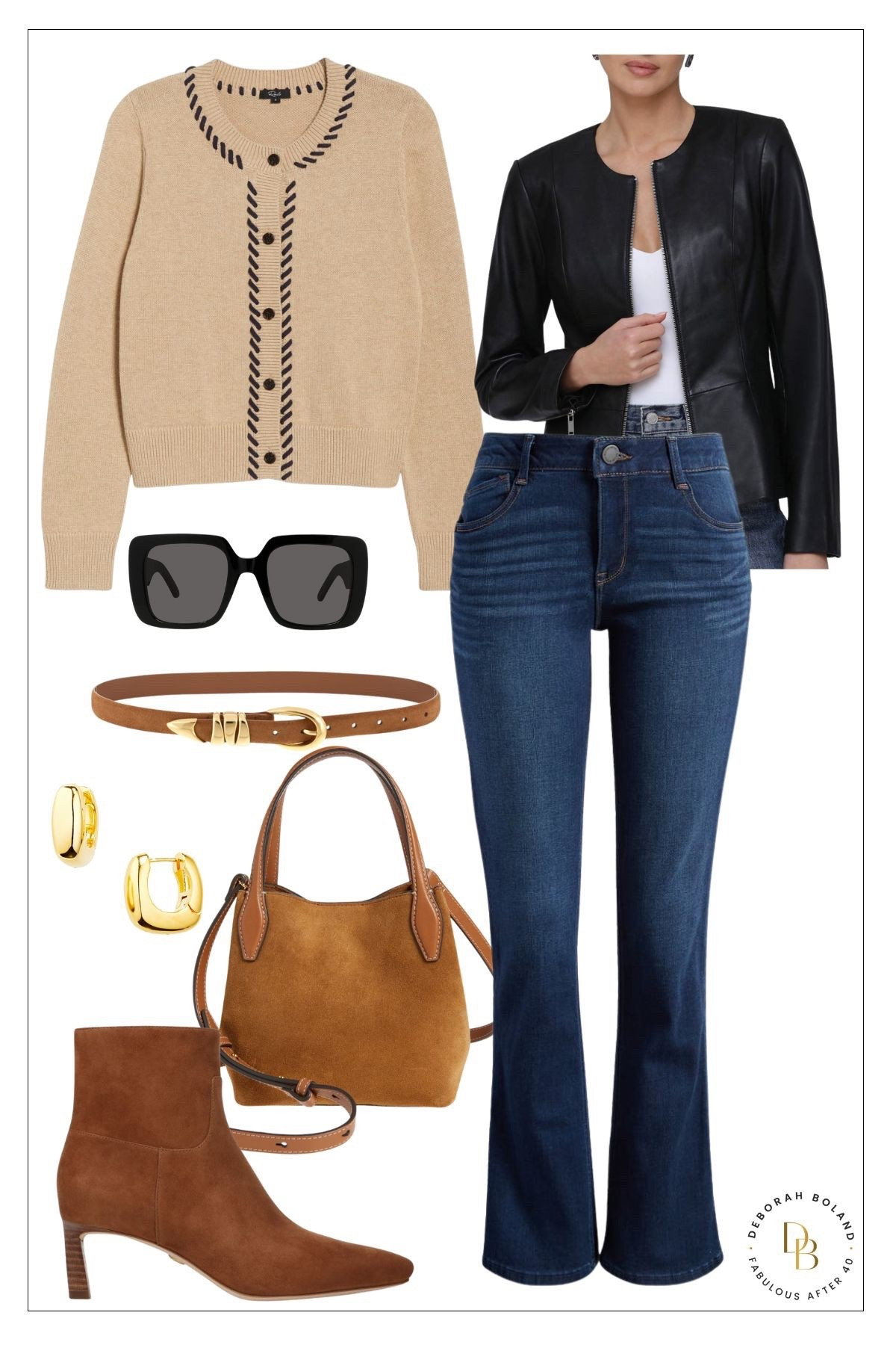 Casual, polished, and ready for fall 🍂 This look combines classic comfort with modern edge—think a charming cardigan, sleek leather jacket, and flattering bootcut jeans. Finished with rich suede booties and a matching bag for a tonal look that’s effortlessly put-together. All these staples are on sale now at the Nordstrom Anniversary Sale! 🖤 #NordstromAnniversarySale #FallFashion #Over50Style #EffortlessChic #ModernClassic #FabulousAfter40 

#LTKSeasonal #LTKSaleAlert #LTKOver40