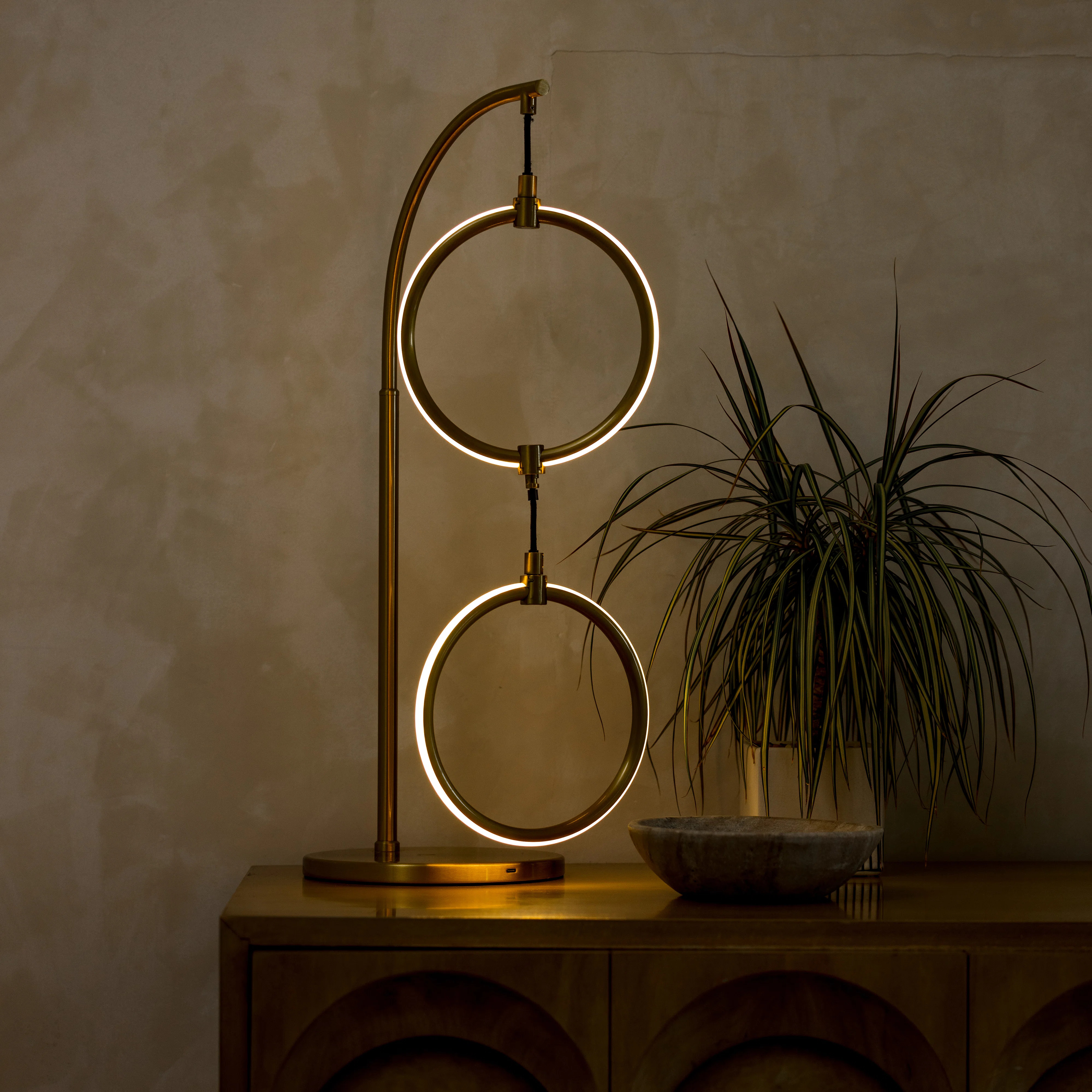 Nova 24 in. Double Hoop Novelty LED Halo Industrial Arched Gold Brass Table Lamp with Built-In 3-... | Wayfair North America