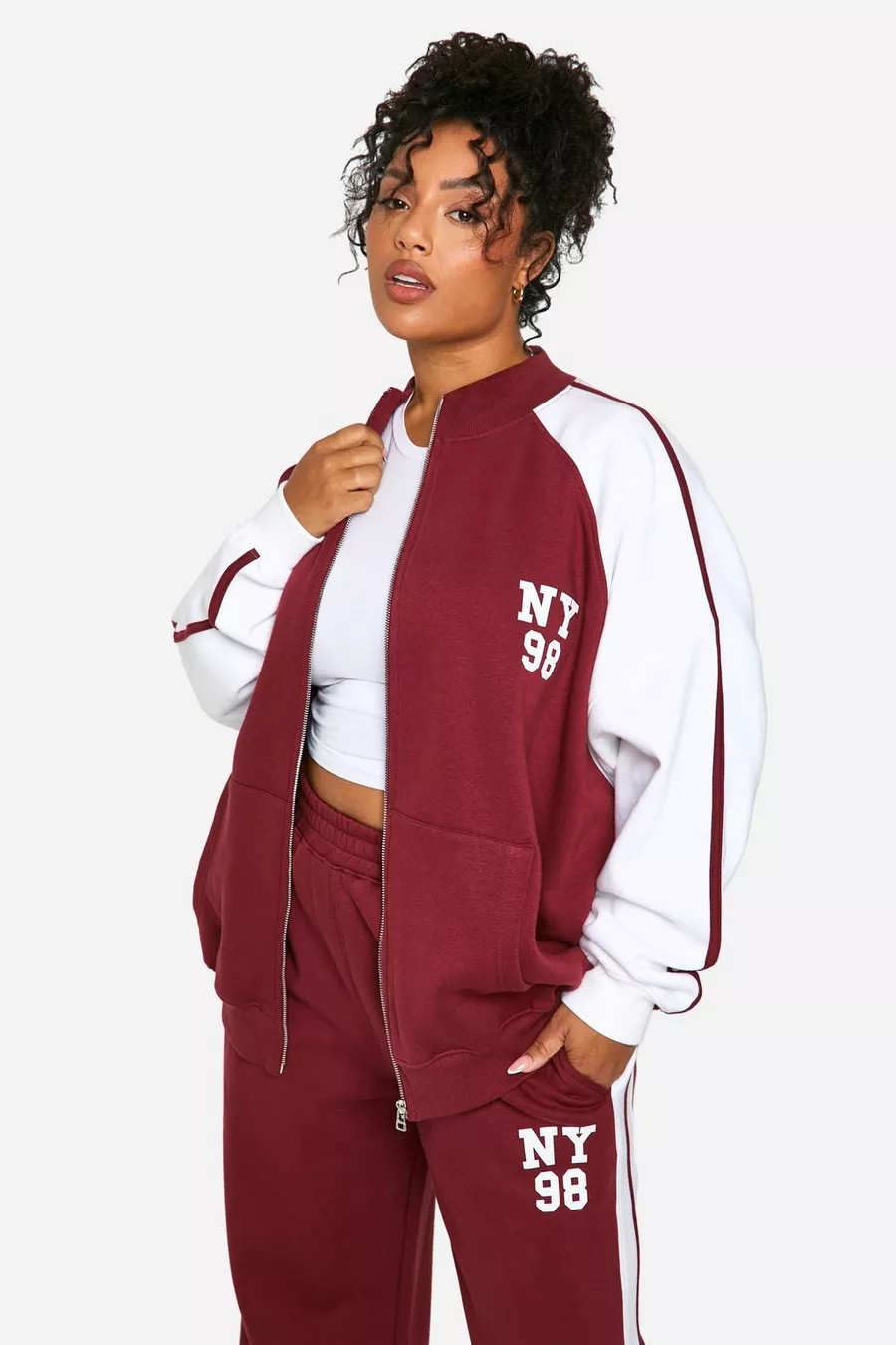 Plus NY COLOUR BLOCK ZIP THROUGH BOMBER SWEATSHIRT | boohoo (US & Canada)