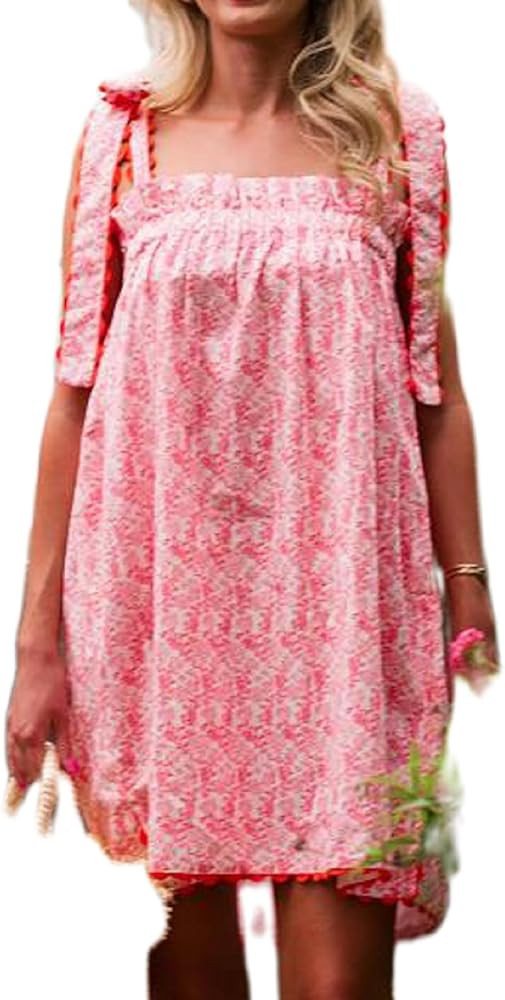 Women Boho Floral Mini Dress Tie Shoulder Babydoll Dress Square Neck Flowy Sundress Summer Going ... | Amazon (US)