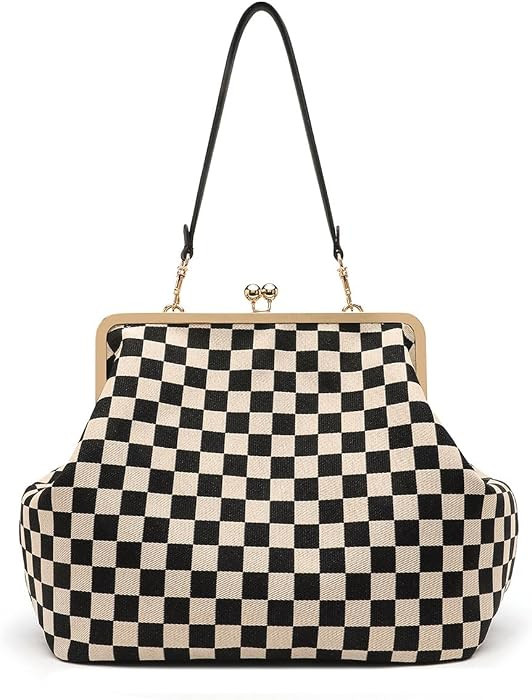 Checkered Kiss Lock Bag - Large Kisslock Purses and Handbags Women Tote Purse Top Handle Bags Sho... | Amazon (US)