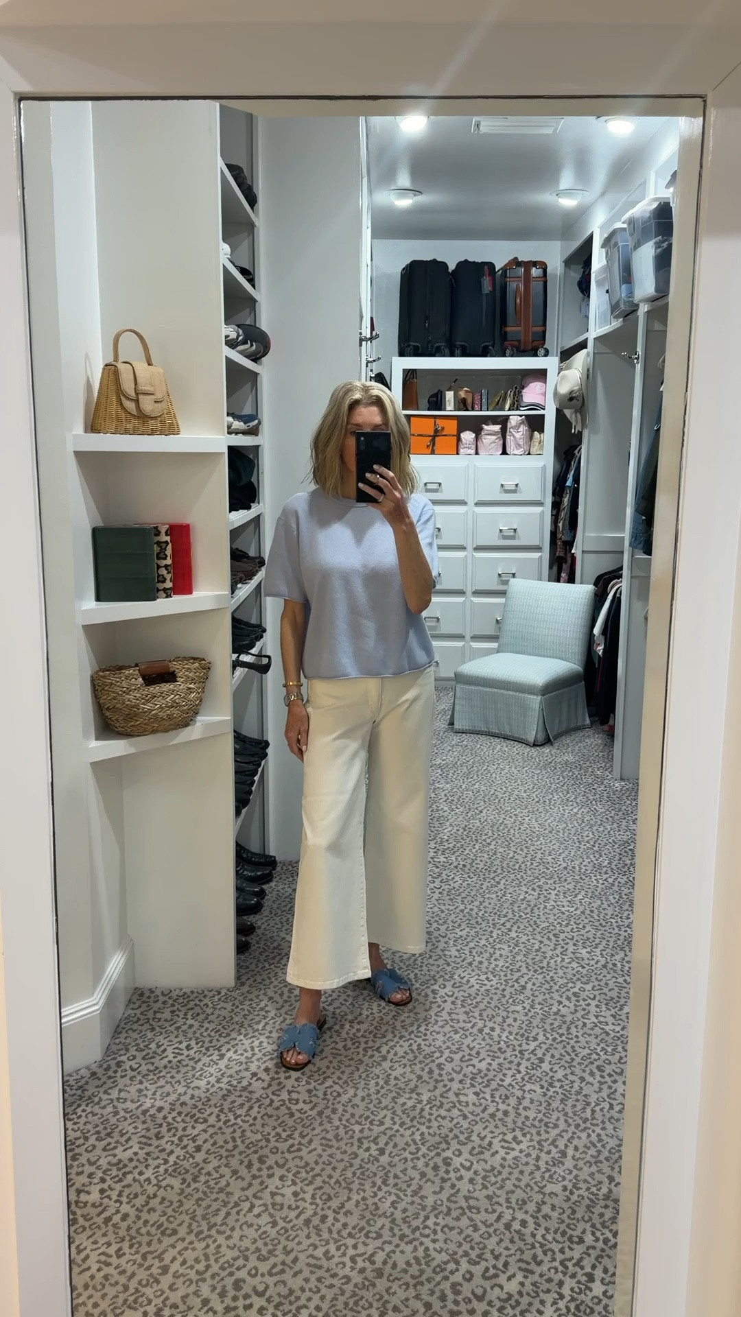 Ecru Jean & summer cashmere! 
Hermes maxi fringed denim Oran sandal. 

#LTKgrwm #LTKootd #LTKOver40