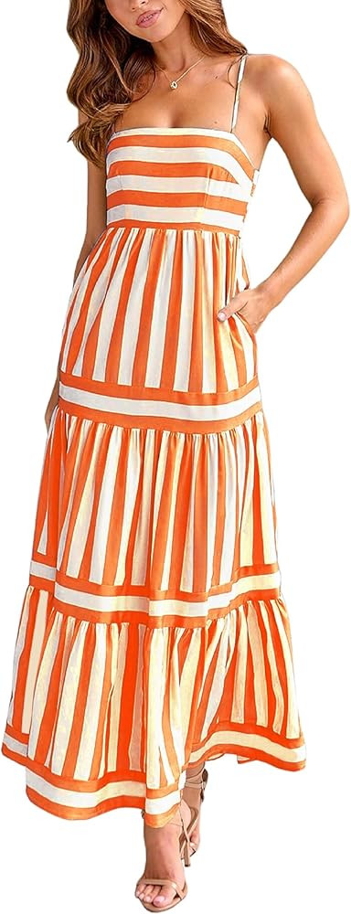 KMBANGI Women Striped Sleeveless Maxi Dress Swing Aline Midi Dress Backless Smocked Spaghetti Str... | Amazon (US)