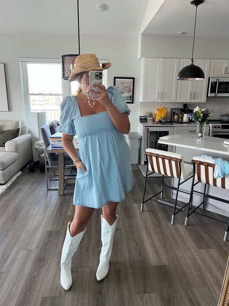 The don’t have this style in denim anymore, but the fit is so great and white lace they have would be perfect for anything bridal! I linked tons more that are similar though! 

Denim dress, summer dress, country concert outfit, Nashville outfit, cowboy boots, cowboy hat, mini dress, summer outfit, summer concert, midsize fashion 