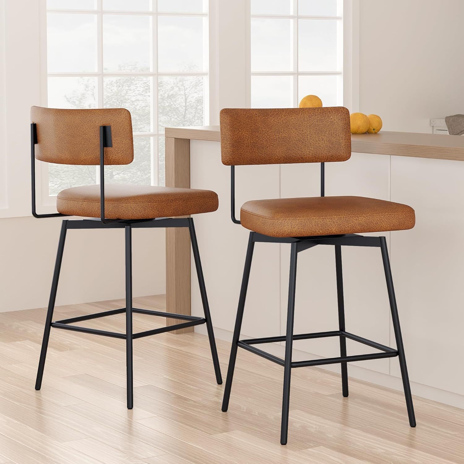 Bar Stools Set of 2, Swivel Counter Height Bar Stools with Back and Metal Frame, 27.5" H Seat Hei... | Amazon (US)