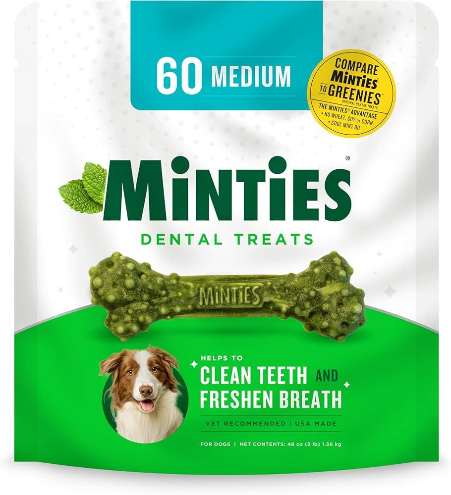 Minties Dental Chews for Dogs, 60 Count, Vet-Recommended Mint-Flavored Dental Treats for Medium D... | Amazon (US)