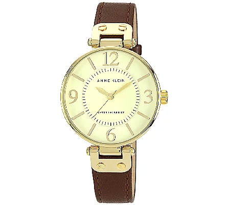 Anne Klein Goldtone Round Dial and Brown Leathe r Strap Watch | QVC