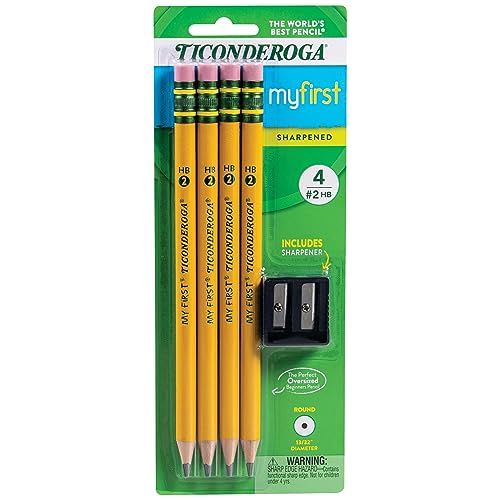 My First Ticonderoga Primary Size #2 Beginner Pencils, Pre-Sharpened, 4 Pencils with Bonus Sharpener | Amazon (US)