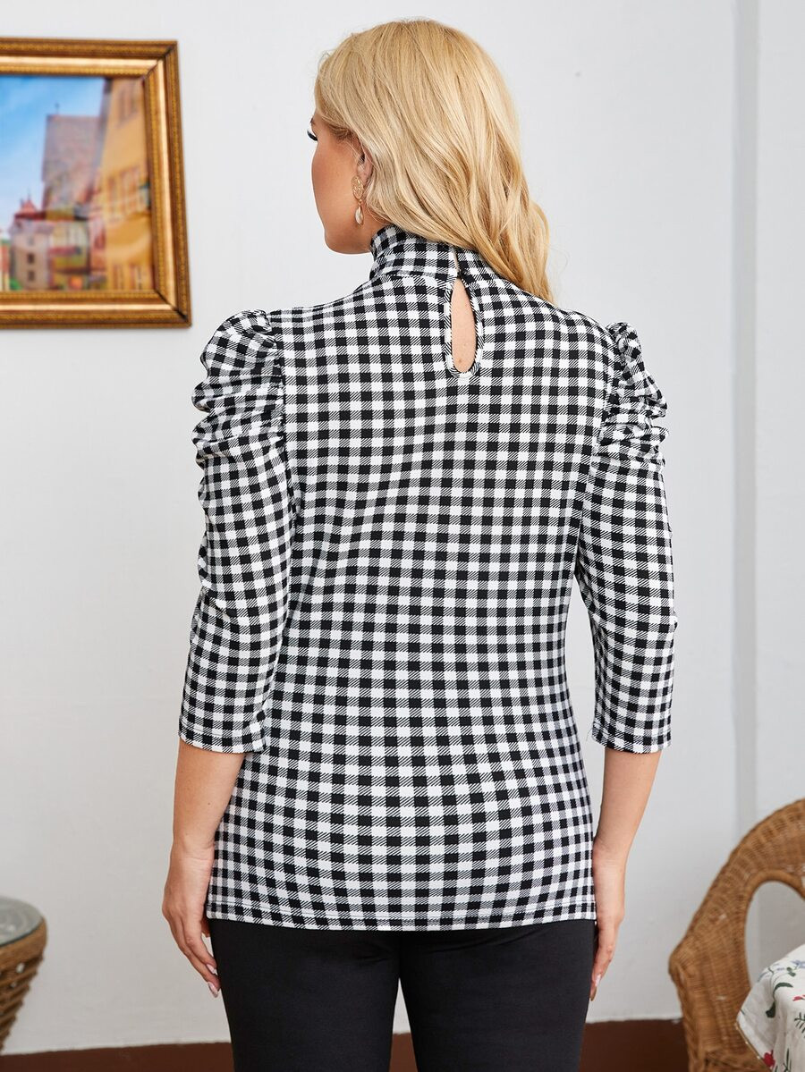 SHEIN Plus High Neck Gigot Sleeve Gingham Top | SHEIN