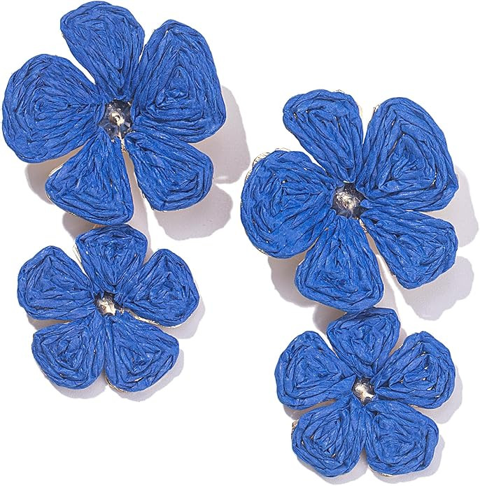 Flower Drop Earrings Floral Raffia Earrings Boho Statement Dangle Earrings Trendy Cute Summer Jew... | Amazon (US)