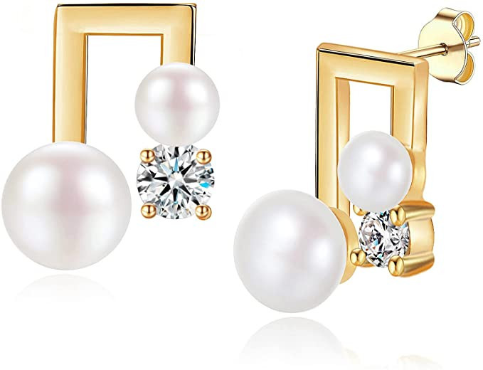 Gold Stud Earrings for Women 14k Gold Plated Silver Rose Gold Cute Earrings Pearl Crescent Moon S... | Amazon (US)