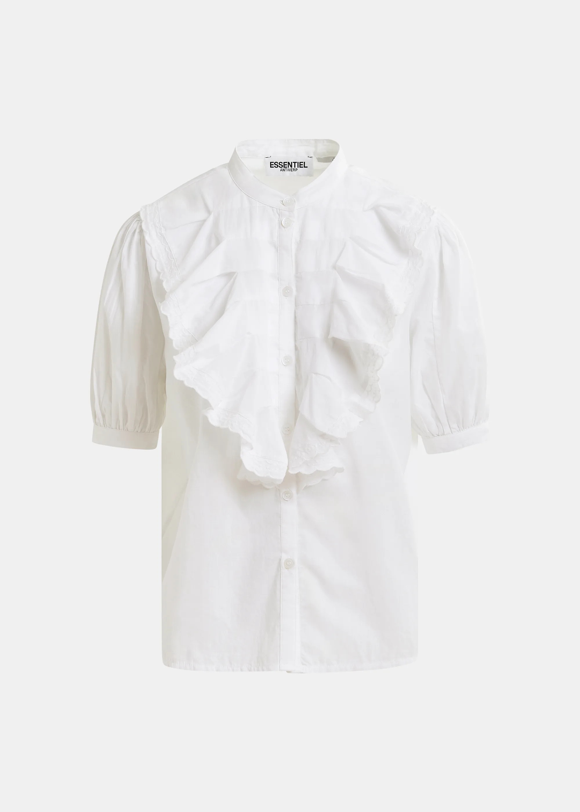 White cotton shirt with mandarin collar and ruffles | Essentiel Antwerp United Kingdom | Essentiel Antwerp