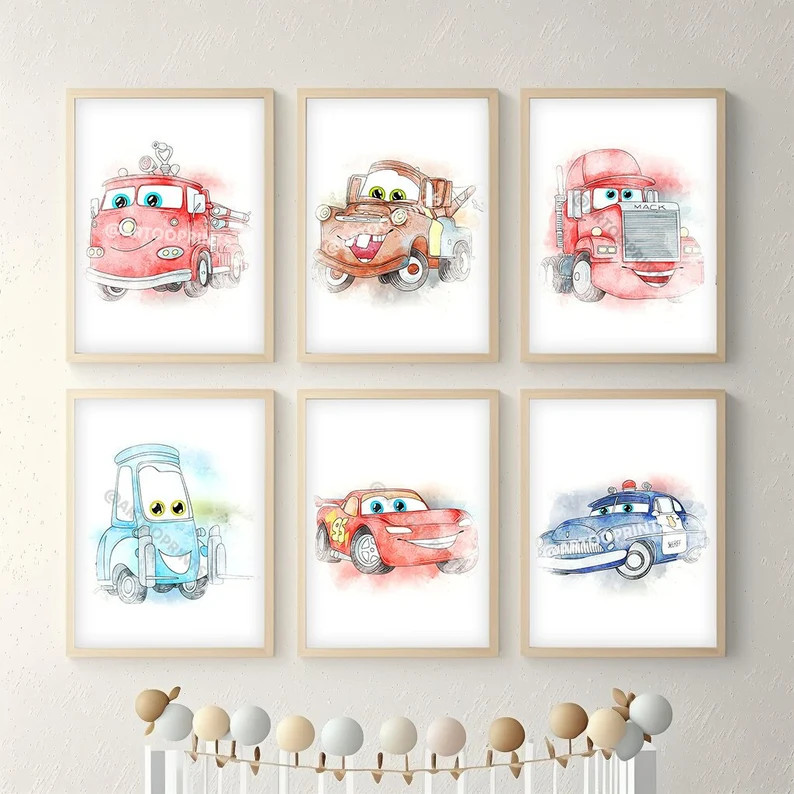 Set Of 6 Watercolor Cars Posters - Wall Decor for Kids, Nursery Decor, Cars Clipart, Birthday Gif... | Etsy (US)