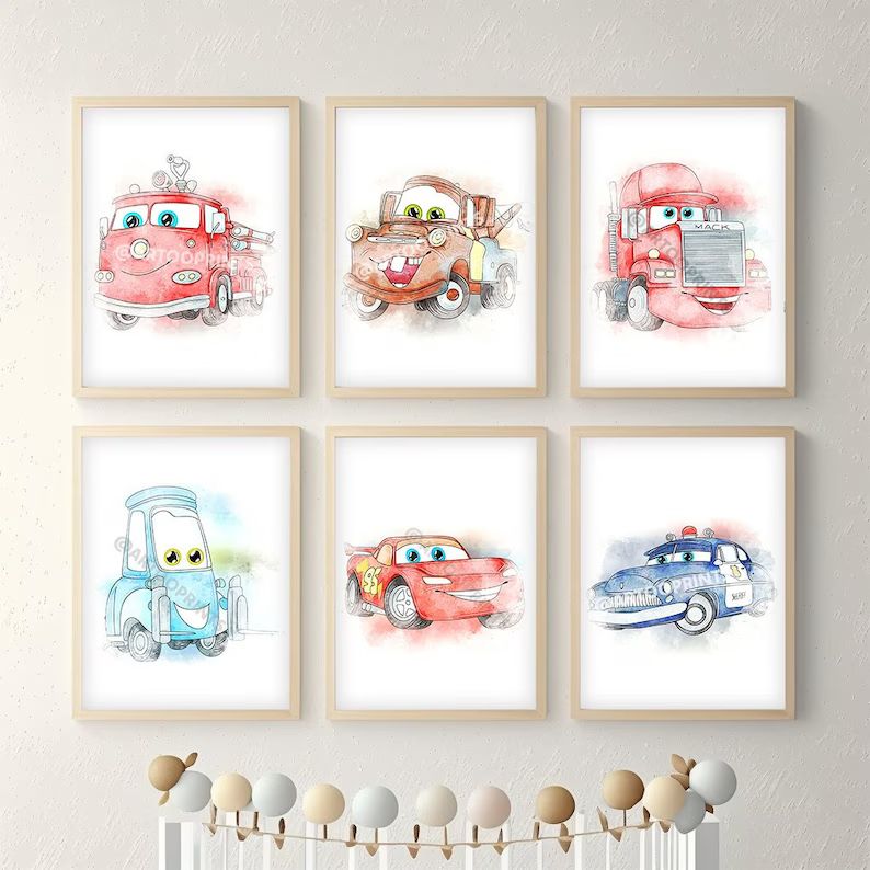 Set Of 6 Watercolor Cars Posters - Wall Decor for Kids, Nursery Decor, Cars Clipart, Birthday Gif... | Etsy (US)