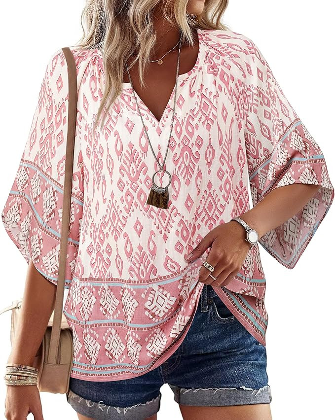Bebonnie Womens 3/4 Sleeve V Neck Bohemian Peasant Blouses Casual Loose Fit Tunic Tops       
   ... | Amazon (US)