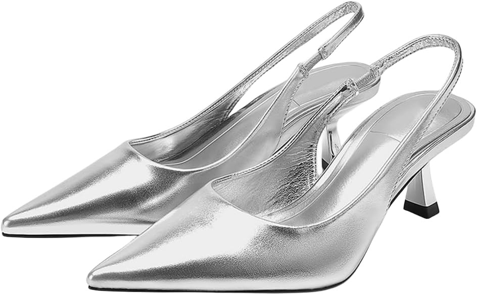 Metallic Silver Slingback Pumps for Women Kitten Heel Closed Pointed Toe Sling Back Heels Evening... | Amazon (US)