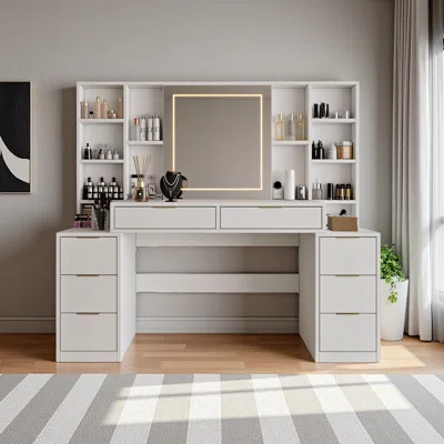 Makeup Vanity Desk With Mirror And Lights, 59" Large Vanity Table With 8Drawers & Open Storage Shelves, Brightness Adjustable, Dressing Table For Bedr | Wayfair North America