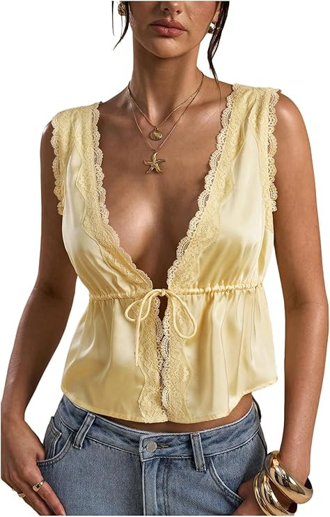 Women's Tie Front Deep V Neck Peplum Tops Lace Trim Sleeveless Satin Crop Tank Top | Amazon (US)