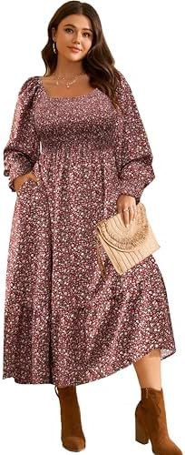 RWJ Women's Plus Size Fall Dress Long Sleeve Square Neck Floral Print Smocked A Line Boho Flowy M... | Amazon (US)