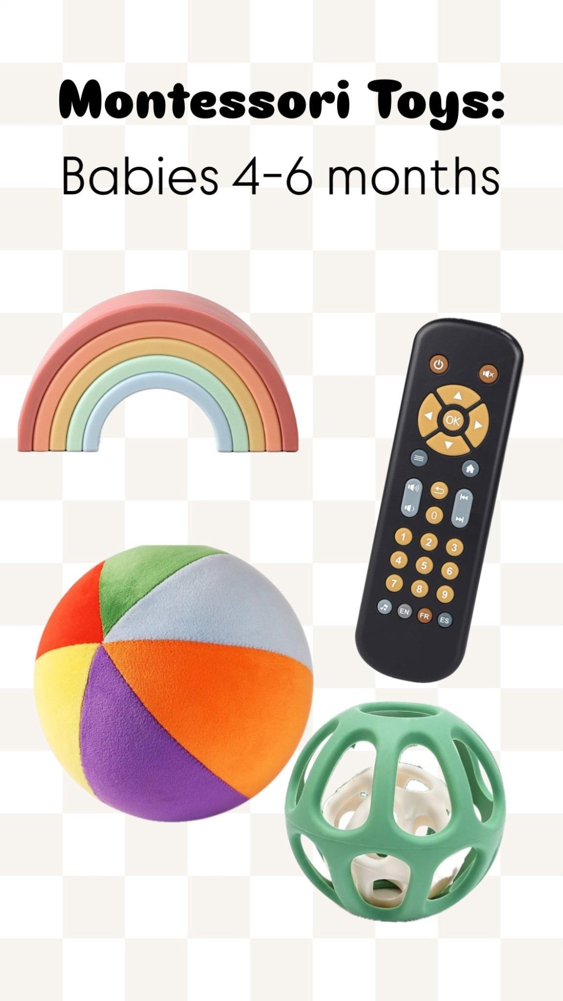 ✨ Montessori Toys for Babies 4–6 Months ✨
Supporting your little one’s growth with engaging, safe, and developmentally-appropriate toys. 🍼
	•	🌈 Montessori Rainbow Stacker – encourages problem-solving & hand-eye coordination.
	•	🎮 Baby Remote Control Toy – realistic buttons for fine motor skills & sensory exploration.
	•	🎨 Colorful Soft Ball – lightweight, safe for tummy time & rolling practice.
	•	🟢 Oball Rattle Toy – easy-to-grip, perfect for teething, shaking, & auditory development.

These Montessori baby toys help with sensory play, motor skills, grasp reflex, and early learning, making them perfect for developmental milestones between 4 to 6 months.

👉 Shop these baby must-haves, Montessori toys, and early learning essentials on my LTK!

#MontessoriBaby #BabyToys #MontessoriToys #InfantDevelopment #MontessoriAtHome #4MonthsOld #5MonthsOld #6MonthsOld #PostpartumMama #EarlyLearning #BabyMustHaves #LTKbaby #LTKfamily

#LTKFamily #LTKBaby #LTKHome
