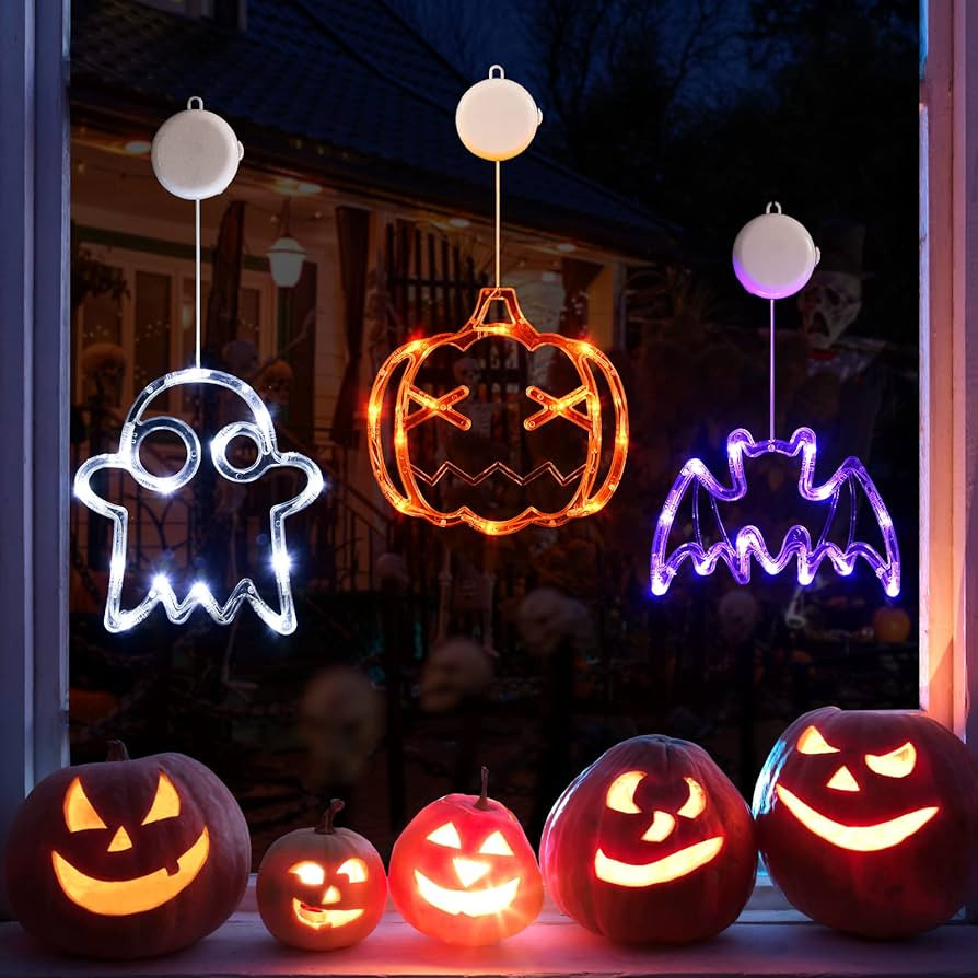 LOLStar Halloween Decorations 3 Pack Orange Pumpkin, White Ghost, Purple Bat Halloween Window Lig... | Amazon (US)
