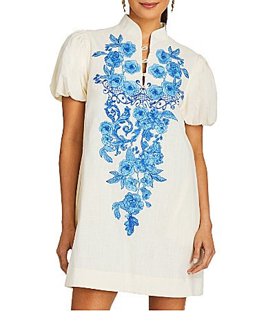 Mestiza New York Elliana Floral Embroidered Mandarin Collar Short Puff Sleeve Dress - L | Dillard's