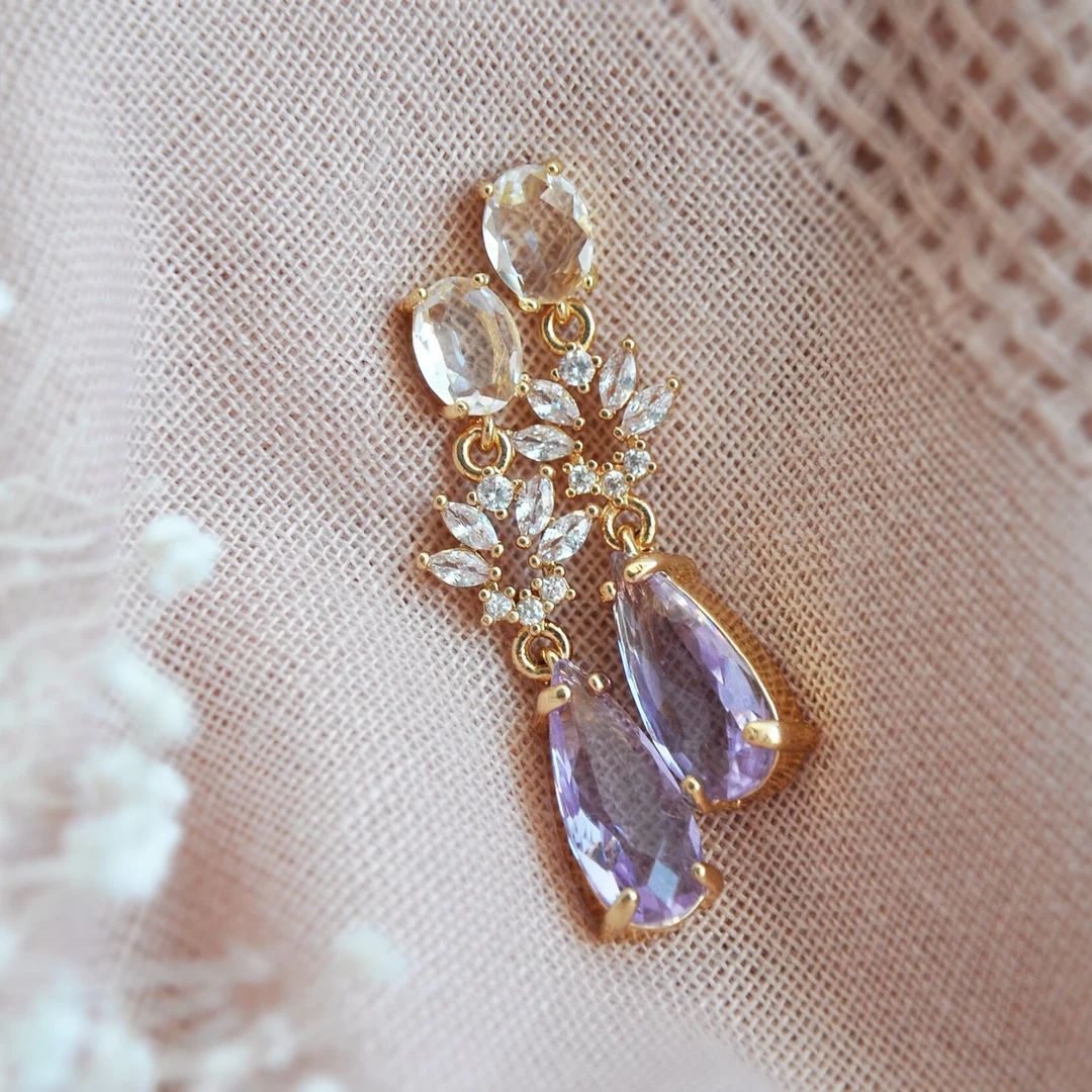 Purple Wedding Earrings, Boho Bridal Earrings, February Birthstone, Bridesmaids Earrings, Teardro... | Etsy (US)