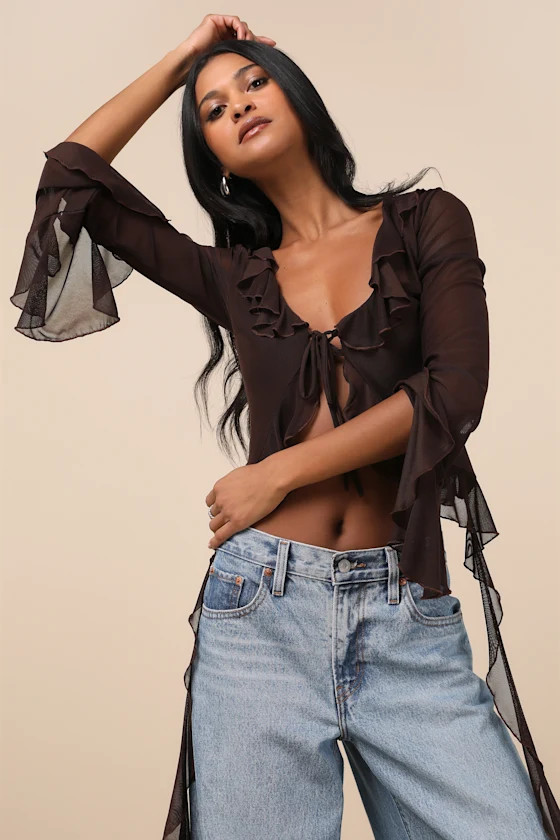 Whimsical Essence Dark Brown Ruffled Tie-Front Bell Sleeve Top | Lulus