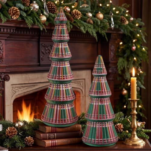 2 Pcs Scottish Red and Green Tartan Christmas Tree Figurines 9.4''/ 13.6'' | Amazon (US)