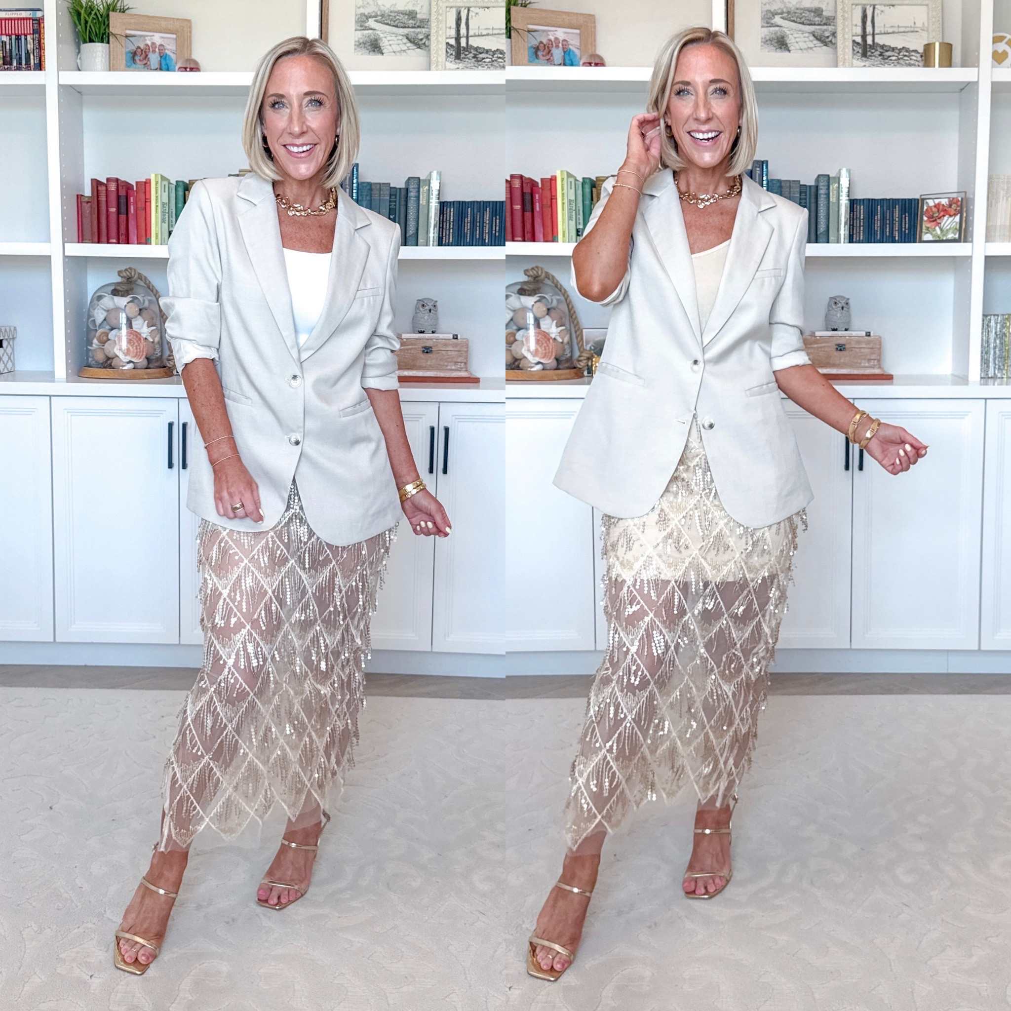 Amazon - random unboxing and style session. Sequin Fringe Sheer Midi Skirt - size XS. 6 colors. * White Tank - size XS. * Beige Oversized Blazer - size Small. 22 colors.

#LTKSeasonal #LTKOver40 #LTKPetite