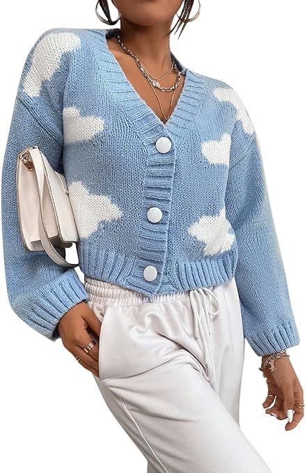 WDIRARA Women's Long Sleeve Button Front V Neck Casual Crop Cardigan Sweater | Amazon (US)